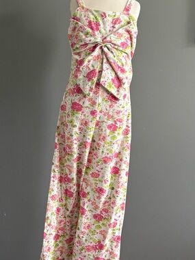 Laura Ashley floral bow-front girls cotton jumpsuit in pink and lime